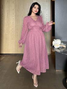 Dazy Plus V领印花灯笼袖优雅修身长款连衣裙，大码，度假风连衣裙 - 紫色 - 查看 6