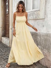 Pariaura 女士法式度假风吊带荷叶边收腰修身长款纹理黄色连衣裙，春夏款 - 黃色 - 查看 1