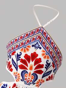 SHEIN Tween Girls' Summer Vacation Casual Floral Print Side Slit Hem Halter Dress Tween Tropical Dress Girls Tropical Dress Summer Dress Tween Girls Midi Dress Tropical Print Dress Girls Halter Midi Dress Tropical Print Midi Dress - Red - View 6