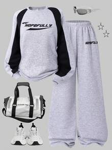 Teen Girls Grey Polyester Raglan Long Sleeve Round Neck Hoodie And Sweatpants Co-Ords With Letter Pattern And Side Stripe For Everyday Casual Style - Grey - View 1