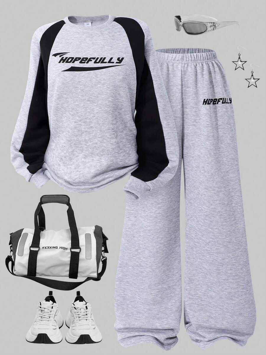 Teen Girls Grey Polyester Raglan Long Sleeve Round Neck Hoodie And Sweatpants Co-Ords With Letter Pattern And Side Stripe For Everyday Casual Style - Grey - View 1