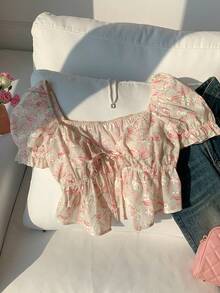 Comfortcana Tricou de vară pentru femei, cu mânecă scurtă, cu imprimeu floral și cravată în față, casual, țesut, pentru femei - Multicolor - Vizualizare 4