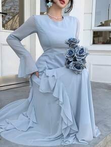 DAZY Đầm cocktail dáng midi ôm sát cổ bèo cho nữ, thích hợp làm đầm dự tiệc cưới hoặc đầm mùa hè. - Màu xanh lam - Xem 5