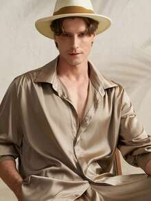 Manfinity Dauomo 男士纯色 Polo 领单排扣短袖衬衫上衣搭配阔腿裤休闲日常穿搭 - 橄欖綠 - 查看 3