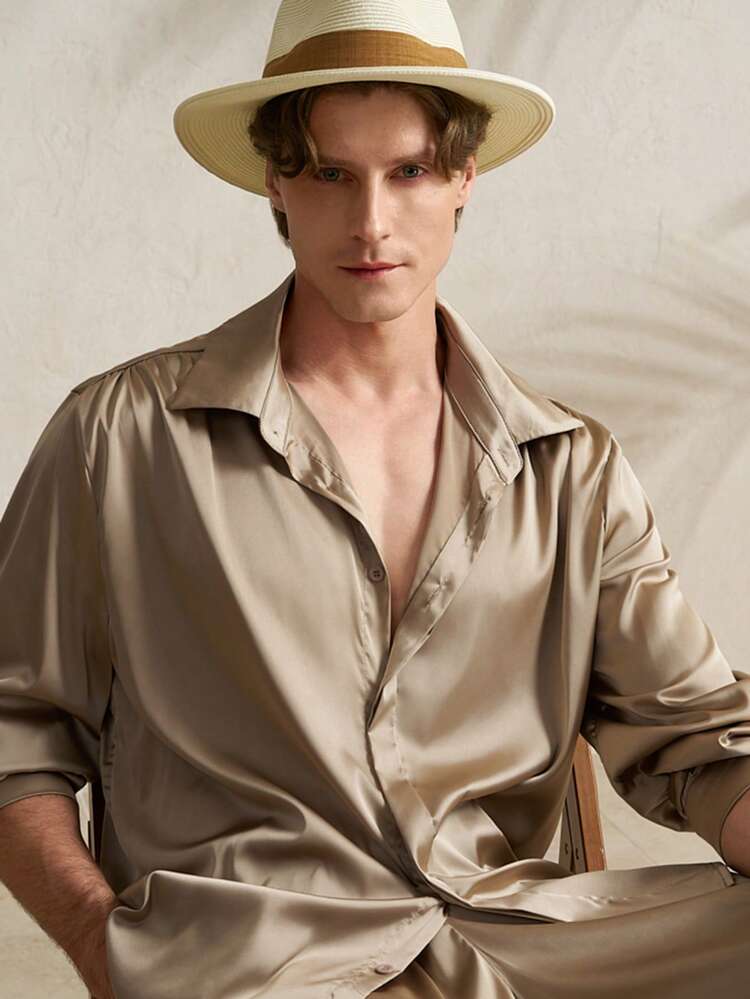 Manfinity Dauomo Herr enfärgad pikékrage enkelknäppt kortärmad skjorta och vida byxor, avslappnad vardagsklädsel - Olivgrön - Visa 3