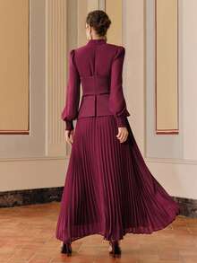 Anewsta Women's Elegant Rose Red 2 In 1 Rhinestone Pleated Long Dress,Autumn Fashionable Round Neck Sequin Party Dress For Dining,Wedding,New Year & Valentine - Red Violet - View 6