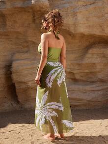 Swim Oasis 大码女式亮面纹理面料交叉前系带露背椰树印花网纱裙连体泳衣，休闲度假日常泳池优雅款 - 綠色 - 查看 4