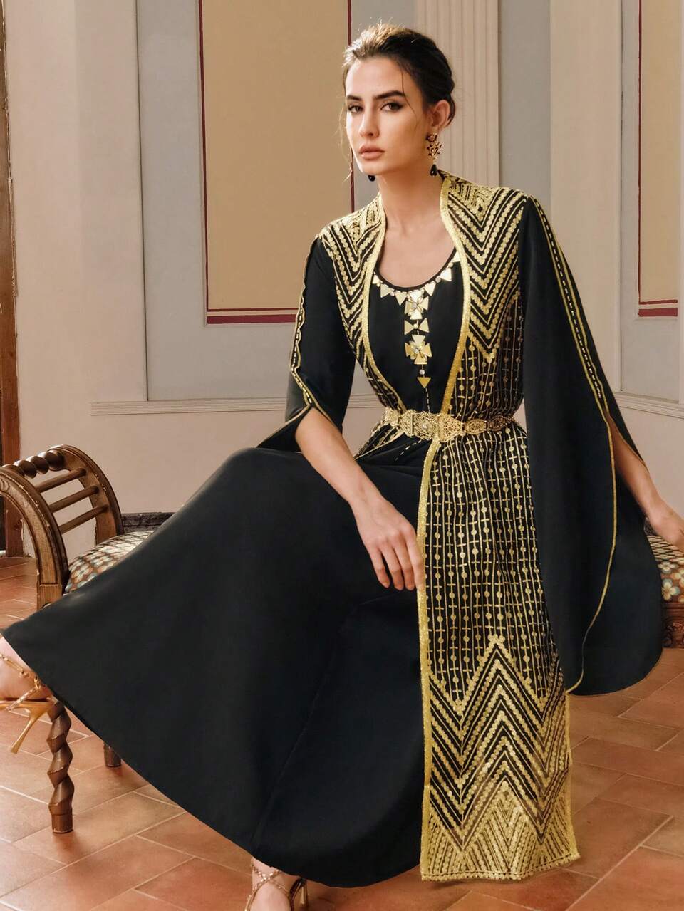 Anewsta Black Elegant Handcrafted Gold Embroidered Beaded 2 In 1 Cinched Waist Robe