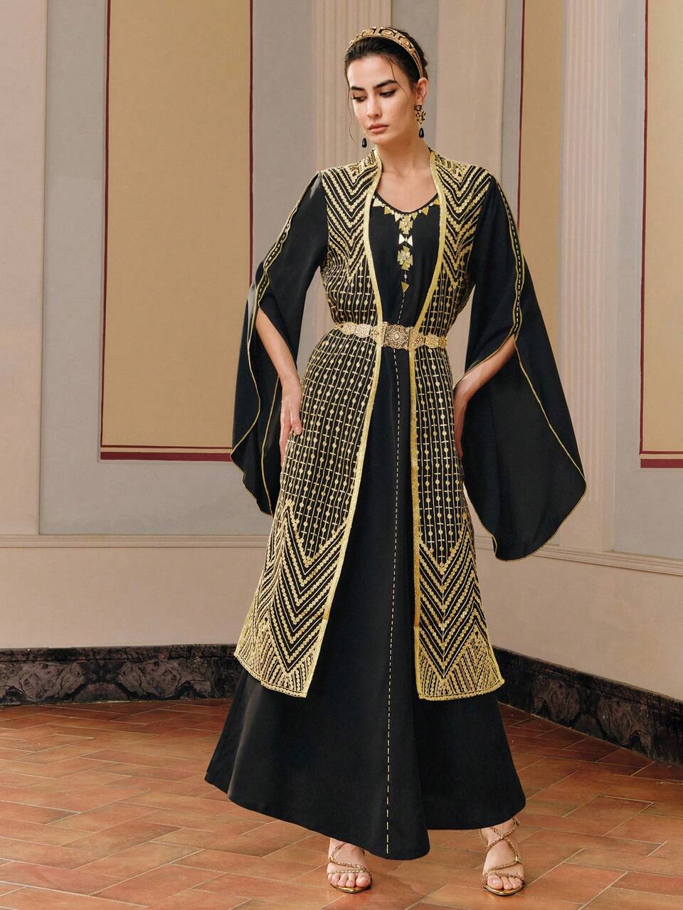 Anewsta Black Elegant Handcrafted Gold Embroidered Beaded 2 In 1 Cinched Waist Robe