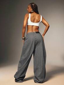 Denimoi Slant Pocket Baggy Fit Stripe Pattern Boyfriend Jeans Baggy Jeans Fashionable Streetwear - Black and White - View 2