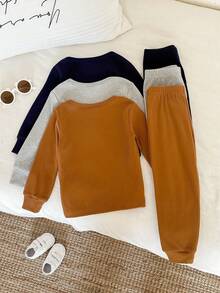 SHEIN 6件組純色家居服套裝，適合小男孩/小女孩，貼身剪裁，包含長袖T恤與長褲/睡褲，舒適休閒睡衣，男孩長袖套裝休閒套裝 - 彩色 - 查看 2