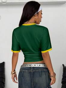 Coolane Áo thun ngắn tay nữ dáng suông, in chữ, nhún bèo, thích hợp mặc mùa hè. - Nhiều màu - Xem 2