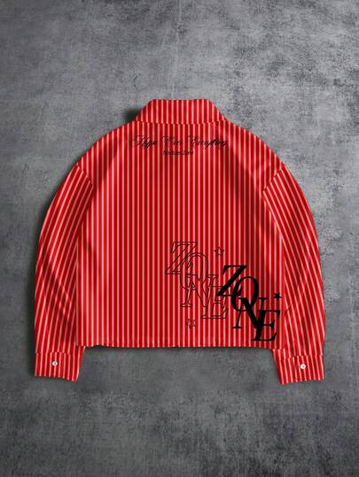 Manfinity ZONE917 宽松短款红白条纹休闲时尚品牌星形印花长袖衬衫，宽松版型，情人节礼物，送给男朋友的礼物