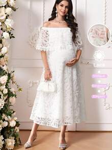 Vestido elegante de hombros descubiertos para mujeres embarazadas - Blanco - Ver 7