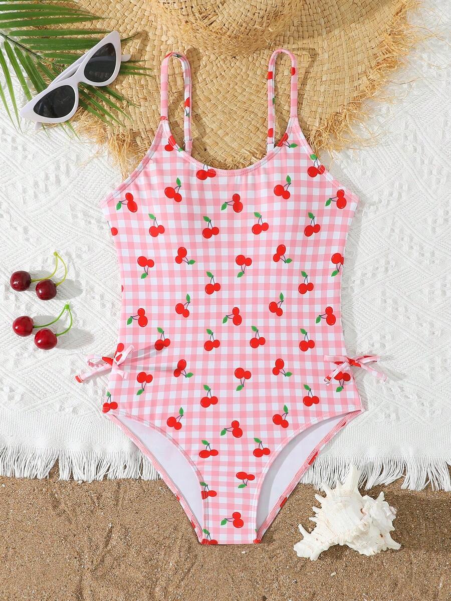 SHEIN Girls' Cherry Print Swimsuit With Adjustable Shoulder Straps And Bow Tie Design, One-Piece Swimwear, Sweet, Cute And Elegant, Suitable For Vacation, Beach, Pool, Surfing, And Sand Cherry Teen Girl Swimsuit Checkered Bathing Suit Kids Cherry Swimsuit Girls Bathing Suit Pink Checkered Swimsuit - Pink - View 1