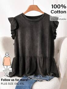 CosyJoli 大码女式优雅休闲度假水洗吊带背心，短袖上衣，纯棉休闲外套，春季女式上衣 - 黑色 - 查看 3