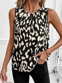 SHEIN Clasi 女士休闲无袖褶皱豹纹衬衫，夏季度假风 - 彩色 - 查看 6