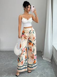 SHEIN Elenzya High Waist Floral Print Wide Leg Pants With Ruffle Hem, Loose Relaxed Fit Vacation Style - Light Yellow - View 7