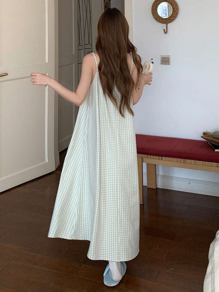 Green Fresh Plaid Letter Print Decor Loose Spaghetti Strap Mid-Length Women Nightgown