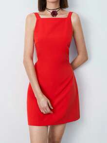 Maija 1pc Women's Solid Color Minimalist Elegant Spaghetti Strap Mini Dress,Festival - Red - View 7