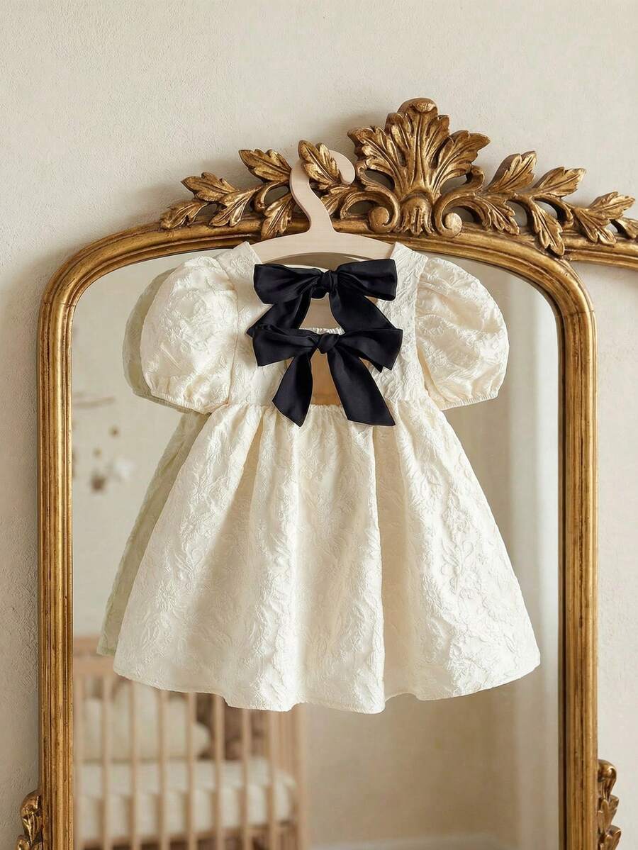 SHEIN Young Girl Solid Color Round Neck Puff Sleeve Casual Dress,Kids - White - View 1