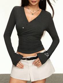 Rina Fox 女士纯色简约V领纽扣装饰长袖T恤 - 灰色 - 查看 1