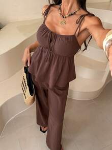 SHEIN Tall 100%纯棉棕色亚麻吊带背心和裤子套装 - 棕色 - 查看 6