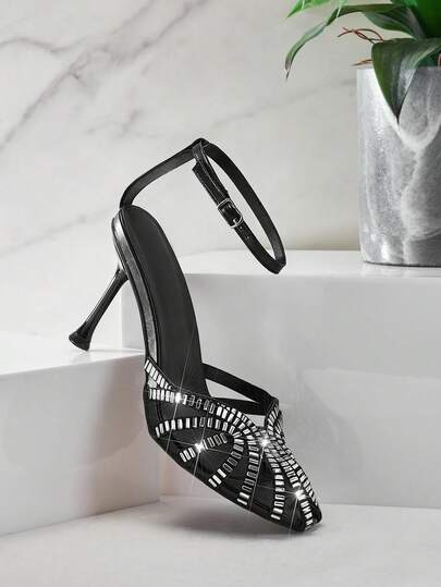 SHUZIA أحذية كعب عالي أنيقة للسيدات مزينة بالراين ستراب الكاحل متقاطع