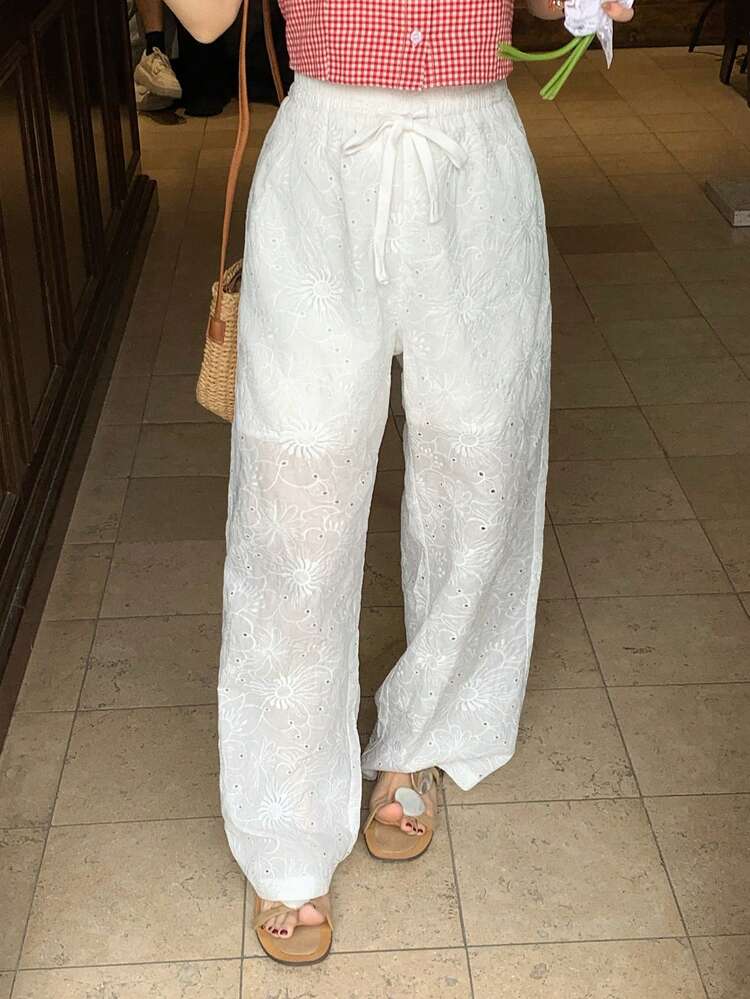 Women's Solid Color Jacquard Loose Drawstring Elastic Waist Straight Leg Cropped Pants, Casual Vacation, Spring/Autumn
