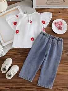 SHEIN Vintaside Kids Baby Girl Casual Floral Embroidery Cap Sleeve Top And Denim Jeans Set, Summer - White - View 2