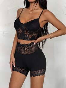 SHEIN PETITE Quần short biker cạp cao phối ren tương phản màu đen. - màu đen - Xem 8