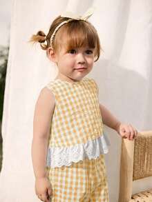 Cozy Pixies Baby Girl Colorblock Floral Trim Sleeveless Cardigan Top And Elastic Waist Pants 2 Pieces Set,Kids - Yellow - View 3