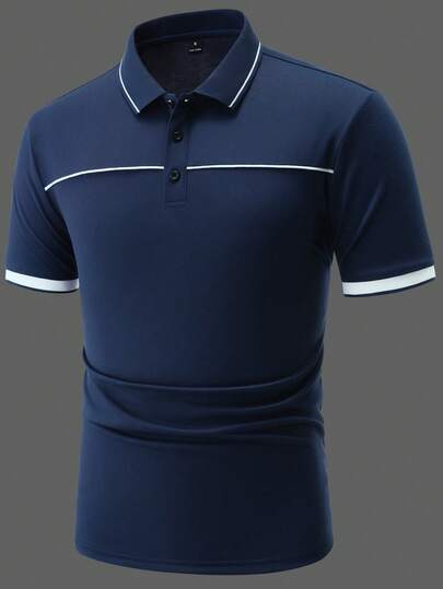 Manfinity Bizformal Men's Polo Shirt, Knitted Crochet Fabric, Men's Navy Blue Polo Shirt, Men's Contrast Color Block Polo Shirt, Outfits Husband And Boyfriend Gifts For Friends, Suitable For Daily Outings, Gathering With Friends, Or Casual Weekends, Best-Selling Versatile Item On INS