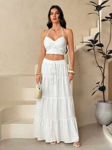 SHEIN Tall 女士休闲假日多层蛋糕裙摆半身裙，适合夏季穿着，白色多层长裙，抽绳半身裙，夏季时尚半身裙 - 白色 - 查看 6