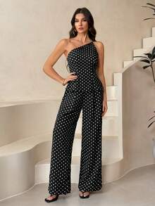 SHEIN Tall Bộ đồ nữ 2 món gồm áo trễ vai chấm bi và quần dài, phong cách tối giản thường ngày. - màu đen - Xem 7