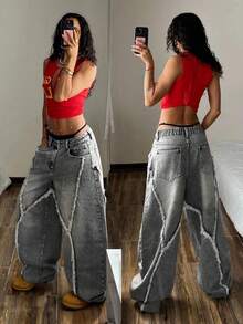 SHEIN ICON Plus Size Women Vintage Washed Denim Jeans, Autumn/Winter - Light Grey - View 1