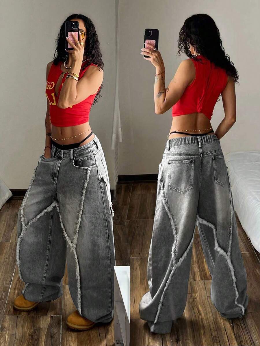 SHEIN ICON Plus Size Women Vintage Washed Denim Jeans, Autumn/Winter - Light Grey - View 1
