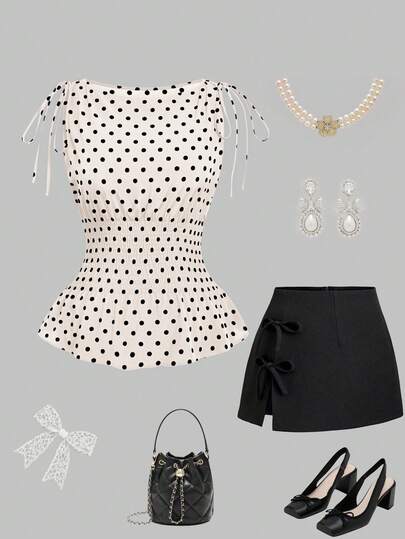  Sweetra Plus Size Women's Vintage Elegant French Cute Black & White Polka Dot Bow Strap Waist Cinched Fitted Casual Versatile Camisole, Suitable For Music Festivals, Vacations, Daily Outings, Back To School, Graduation, Women Teachers, Spring/Summer, Y2K, Streetwear, Halloween, Thanksgiving, Christmas, New Year Party