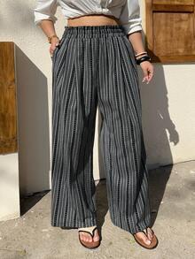 Dazy Plus Elastic Waist Casual Striped Loose Wide Leg Long Pants, All Season - Navy Blue - View 7