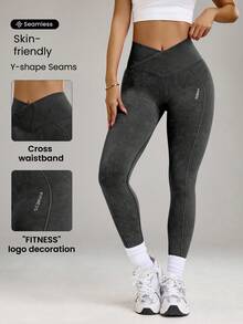 Core Rhythm Seamless High Elasticity Yoga Exercise Sports Criss-Cross Waist Sandwashed Sports Leggings - Black - View 3