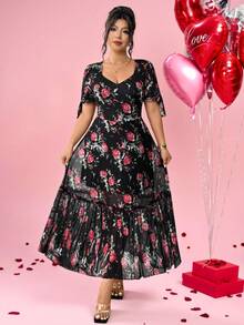 Elenzga Vestido feminino plus size elegante e romântico com laço de rosa nos punhos e barra em tule patchwork, perfeito para um encontro romântico no Dia dos Namorados. - Multicolorido - Ver 8