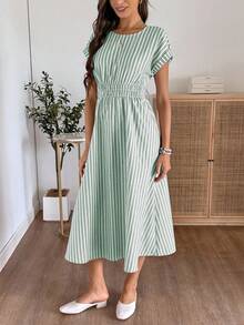 EMERY ROSE Women's Fresh Striped Round Neck Short Sleeve Dress Green