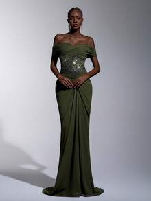 Elitara Đầm maxi sang trọng, cổ điển, trễ vai, đính sequin và thêu, chất liệu chiffon xếp ly, vạt đuôi cá, thích hợp cho các lễ hội, đám cưới, dạ hội, hòa nhạc, sự kiện kinh doanh và các dịp dành cho người nổi tiếng trên mạng xã hội. - màu xanh lá - Xem 9