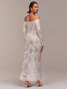 COSMINA 女士优雅露肩蕾丝半透明连衣裙，情人节、派对、春季、约会、度假皆宜 - 奶油色 - 查看 2