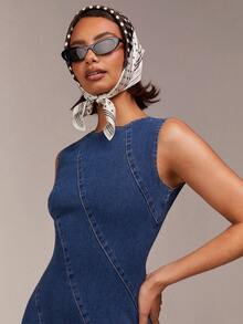 COSMINA 女士无袖不对称拼接牛仔中长连衣裙，休闲通勤度假高街简约牛仔连衣裙 - 藍色 - 查看 5