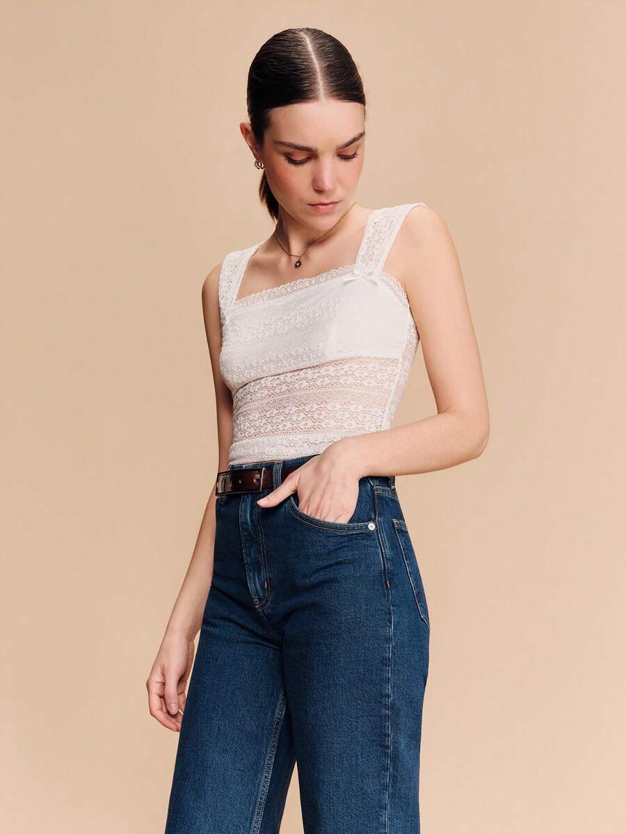 lacRébo White Lace Stretch Square Neck Sleeveless Top Boho Spring Summer Cute Romantic French French Style Parisian Style - Beige - View 1