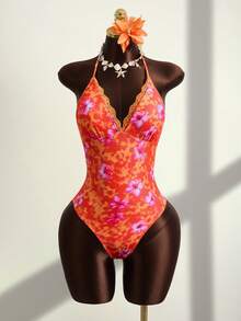 Zestiva Conjunto de 2 piezas de traje de baño de una sola pieza con estampado floral y de plantas, volantes, tirantes ajustables y falda con cordón lateral fruncido, para vacaciones y playa casual de primavera/verano - Multicolor - Ver 4