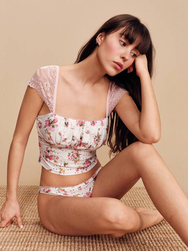 Floral Print Broidery Vintage Cute Top With Pink Lace Sleeves And Matching Knicker Lingerie Set Cute Lingerie Set Flower Lingerie Set