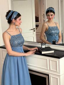 优雅蓝色亮片雪纺长袍，适合少女穿着，夏季阿巴雅长袍款式，适合宴会、仪式、舞台表演等正式场合，尽显高端优雅气质。 - 藍色 - 查看 7