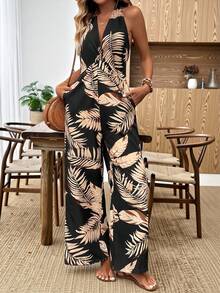 SHEIN Holidaya 女士休闲度假V领连体裤 - 黑色 - 查看 1